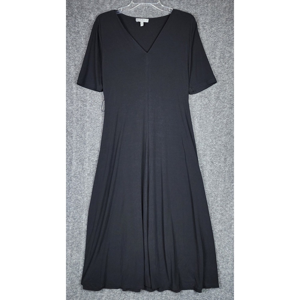 Chaus New York Dress Womens Medium Midi V-Neck Short Sleeve Black EUC